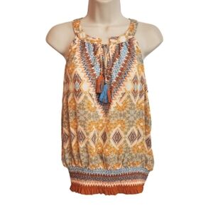 Rose Olive Boho Tribal Sleeveless Tassel Blouse Orange Medium